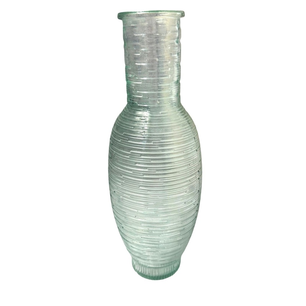 Mold-Made Ribbed Glass Vase Aqua Green Textured Bottle Vase Unmarked